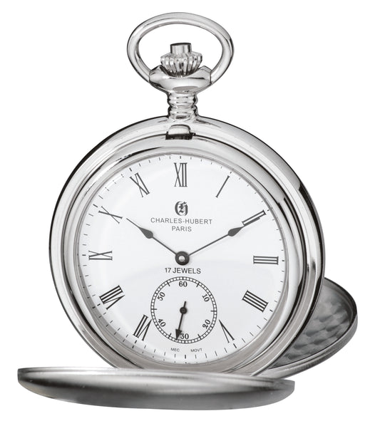Charles Hubert Stainless Steel Brushed Finish Double Full Hunter Mechanical Pocket Watch 3908-WR