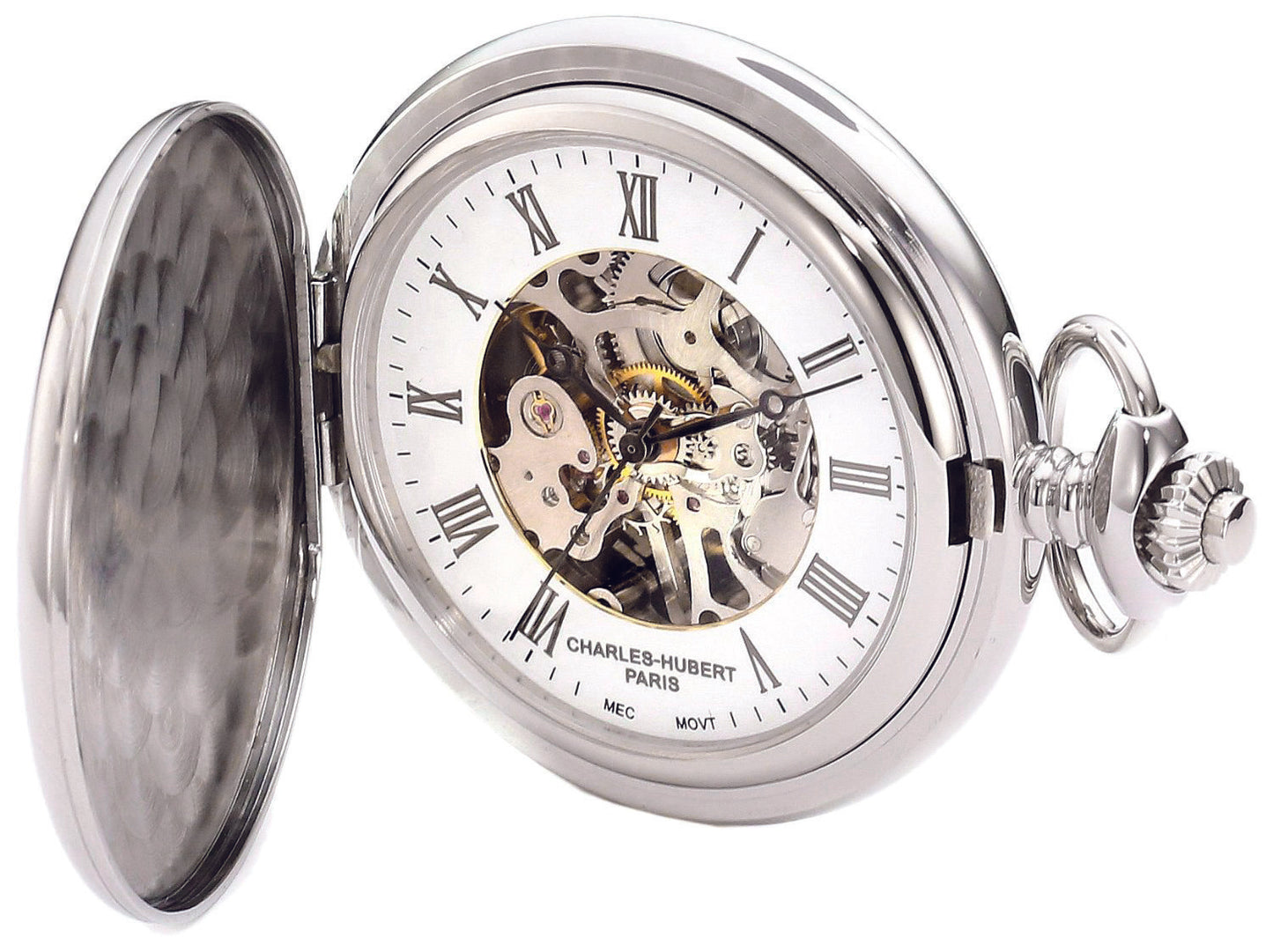 Charles Hubert Stainless Steel Full Hunter Mechanical Pocket Watch 3917