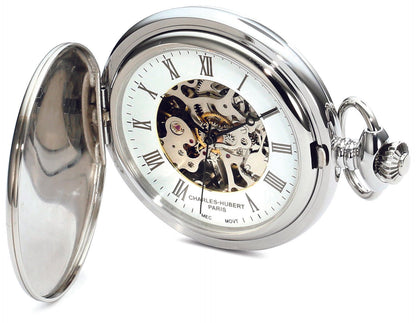 Charles Hubert Stainless Steel Full Hunter Mechanical Pocket Watch 3918