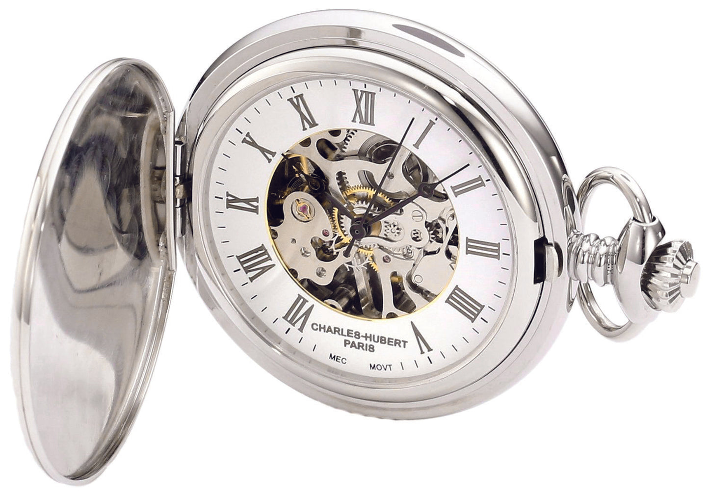 Charles Hubert Stainless Steel Full Hunter Mechanical Pocket Watch 3919