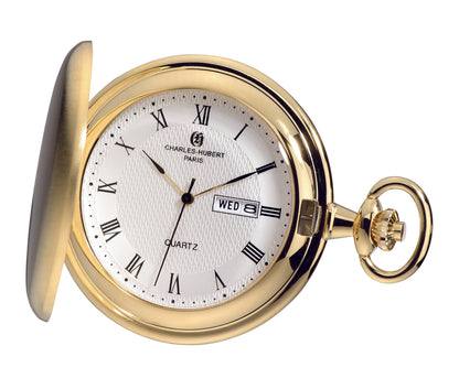 Charles Hubert Gold Plated Brushed Finish Full Hunter Quartz Pocket Watch 3974-G