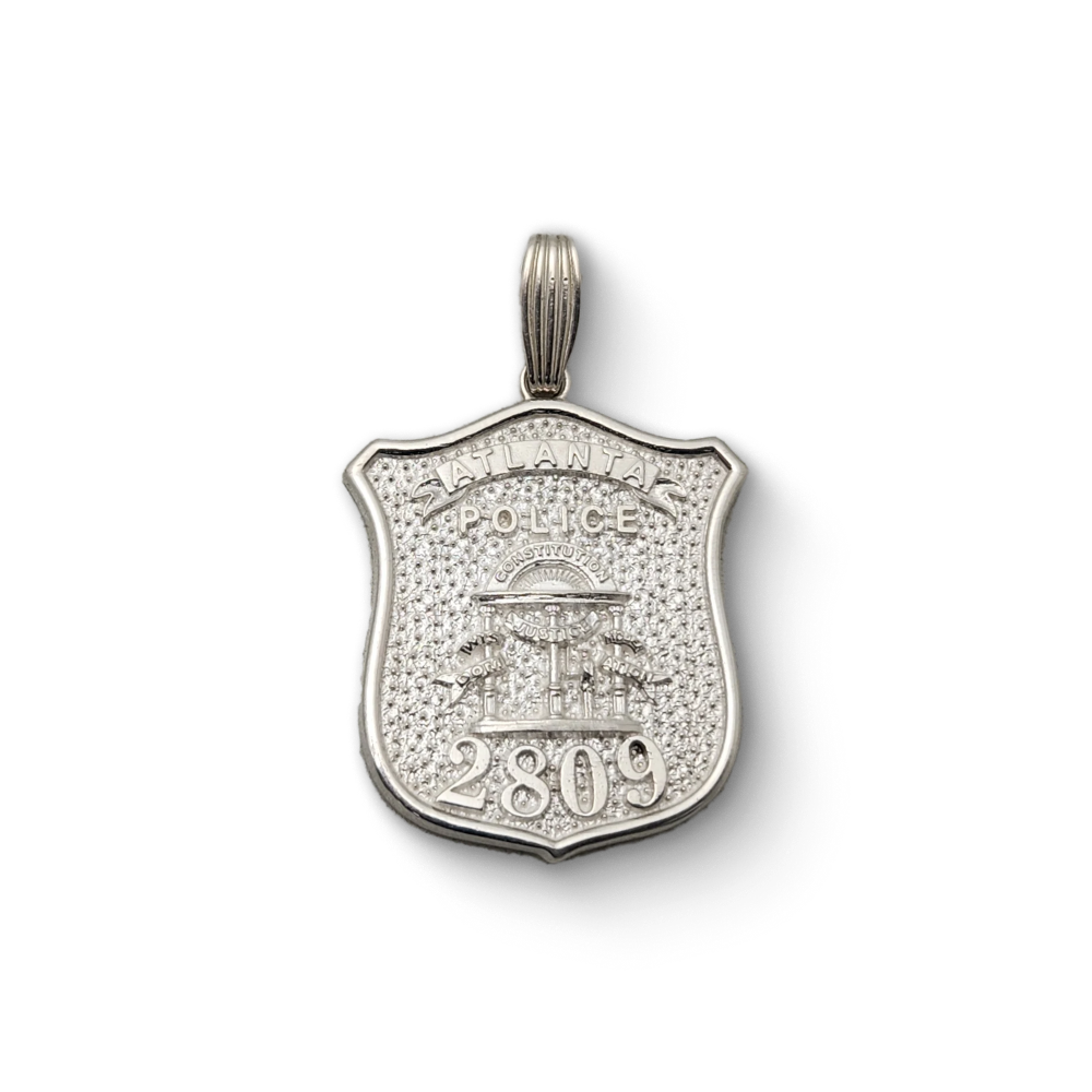 Atlanta Police Department badge pendant with badge number 2809, silver-tone custom jewelry featuring detailed city emblem and Constitution motif