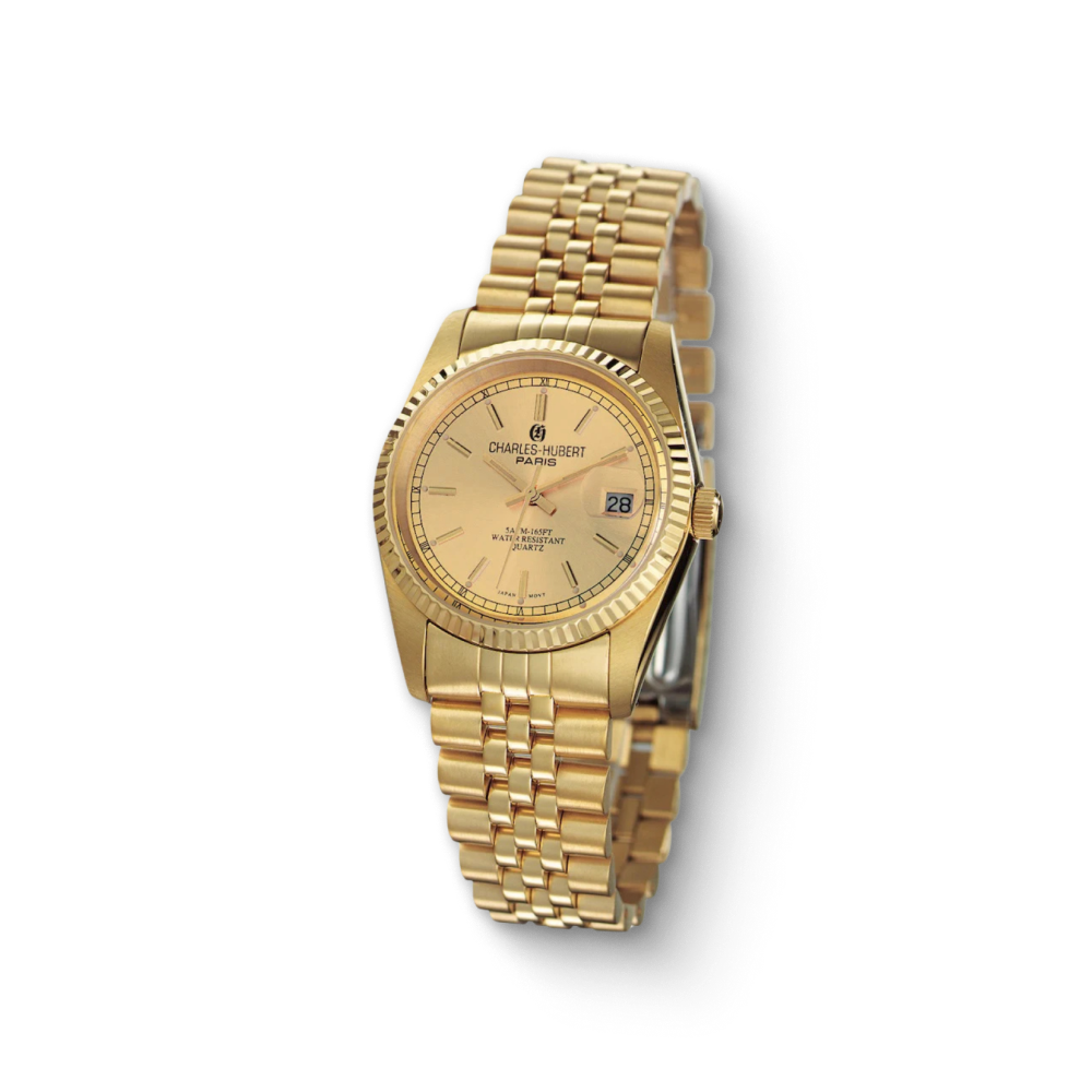 Charles-Hubert Paris gold-tone men's wristwatch with champagne dial, quartz movement, and date display – luxury dress watch with stainless steel bracelet