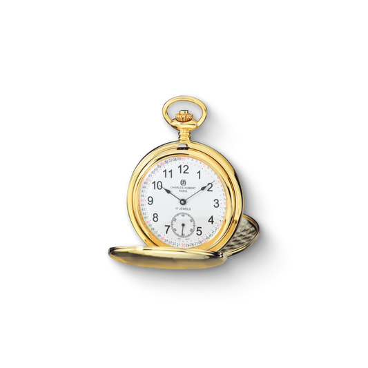 Charles Hubert Gold-Plated Stainless Steel Brushed Finish Double Full Hunter Mechanical Pocket Watch 3908-GRR