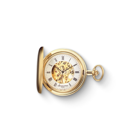 Charles Hubert Gold Plated Brushed Finish Full Hunter Mechanical Pocket Watch 3789-G