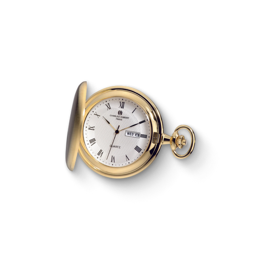 Charles Hubert Gold Plated Brushed Finish Full Hunter Quartz Pocket Watch 3974-G