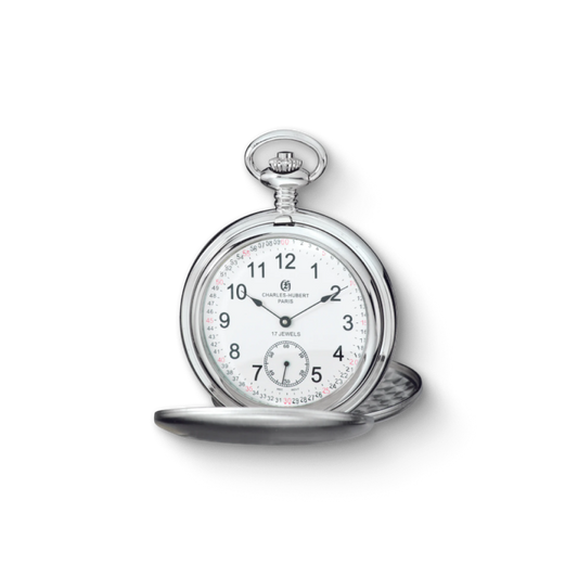 Charles Hubert Stainless Steel Brushed Finish Double Full Hunter Mechanical Pocket Watch 3908-WRR