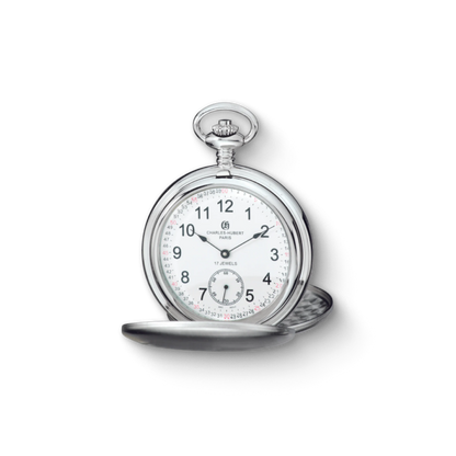 Charles Hubert Stainless Steel Brushed Finish Double Full Hunter Mechanical Pocket Watch