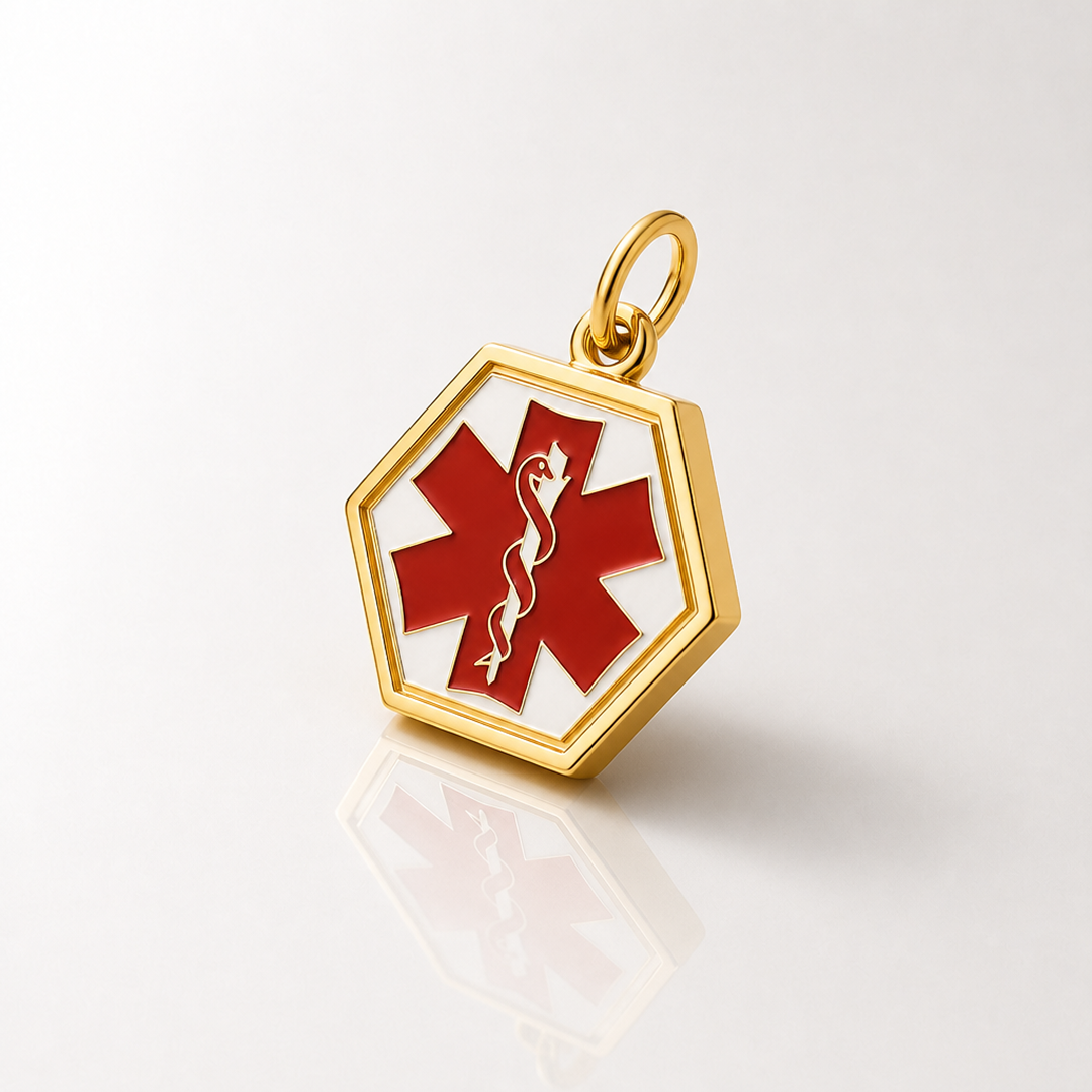 Small Hexagon Medical I.D. Pendant Charm w/ Red Enamel