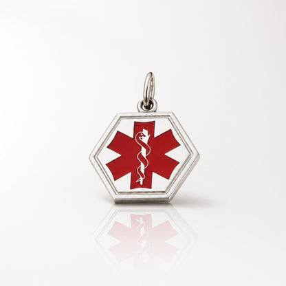 Large Hexagon Sterling Medical Necklace - Silver With Red Enamel