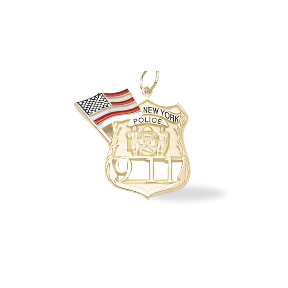 NYPD Memorial With Flag Enameled Pendant - Gold