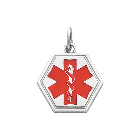 Large Hexagon Sterling Medical Necklace - Silver With Red Enamel