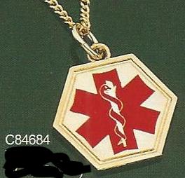 Large Hexagon Medical Necklace - Gold Plated With Red Enamel