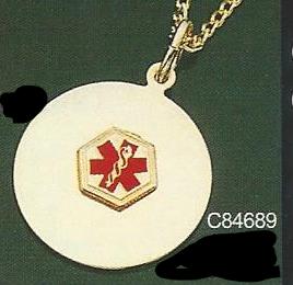 Large Round Plated Medical Necklace - Gold With Red Enamel